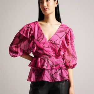 Ted Baker Jasmyna Ruffle V-Neck Top With Tie Waist in Pink Size 5- US 12…